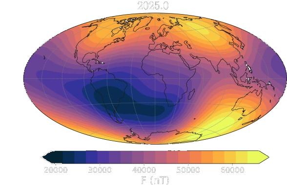 Mapa de intensidad del campo magnético en la superficie terrestre en 2025; el mínimo sobre el Atlántico Sur y Sudamérica corresponde a la SAA.