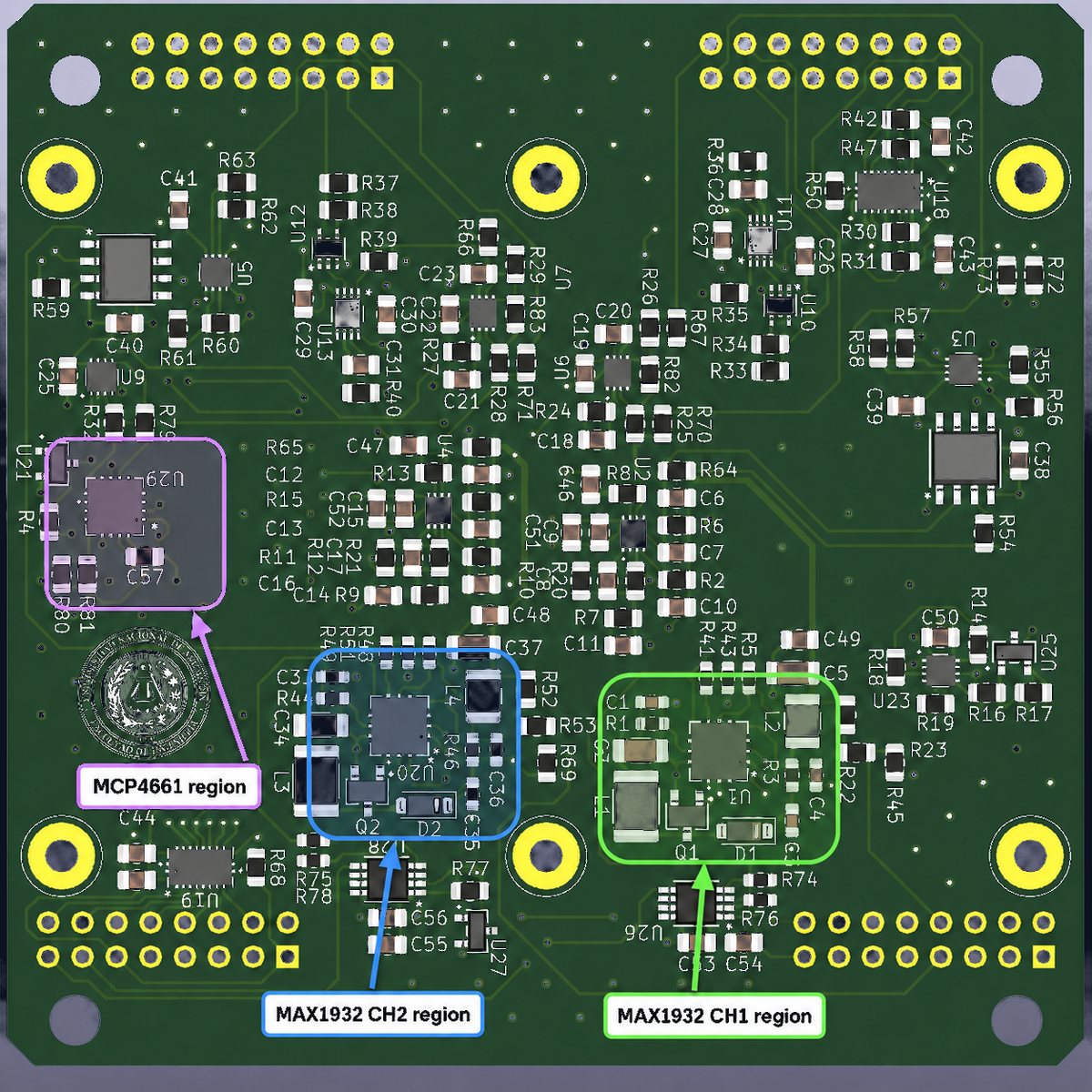 Render del PCB de la Unidad de Detección, versión V2 del Engineering Model, con regiones señaladas.